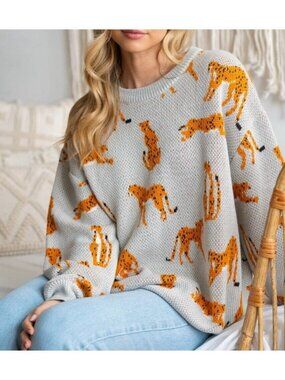 White Birch Womens LARGE Sweater With Cheetahs Oversized Comfy Slouchy Crew Neck